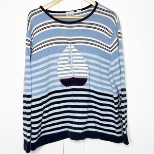 Villager Sport by Liz Claiborne blue white striped sweater XL sailboat nautical